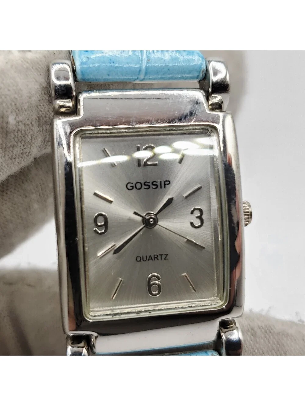 Gossip Watch Women  Rectangle Silver Tone Blue Band New Battery